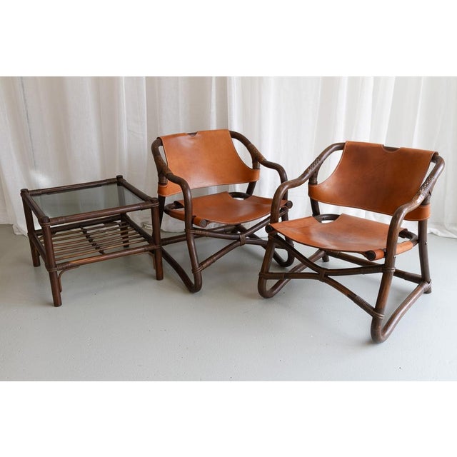 Modern Danish Bamboo and Leather Lounge Chairs & Table by Horsnæs, 1960s, Set of 3 For Sale - Image 15 of 18