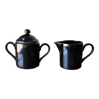 Vintage 1978 Fitz and Floyd Black Glazed Sugar Bowl With Lid and Creamer, Made in Japan For Sale