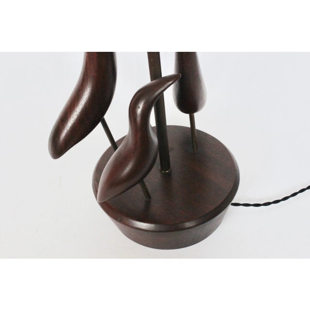 Val Robbins Tall Val Robbins Hand Carved "Trio of Shore Birds" Walnut Table Lamp, C. 1960 For Sale - Image 4 of 13