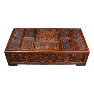 Vintage Chinese Hardwood Box | Carved Lotus Motif Ten-Drawer Storage Chest For Sale