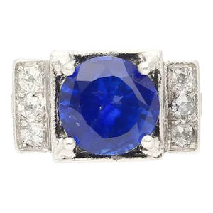 Vintage GRS Certified 2.47 Carat Royal Blue Sapphire & Diamond Platinum Ring, Size 6