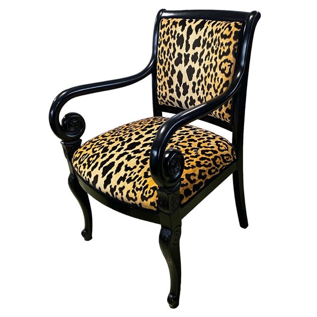 Superb /elegant solid Black Lacquer wood French style Chair newly upholstered with cotton animal print fabric, This...