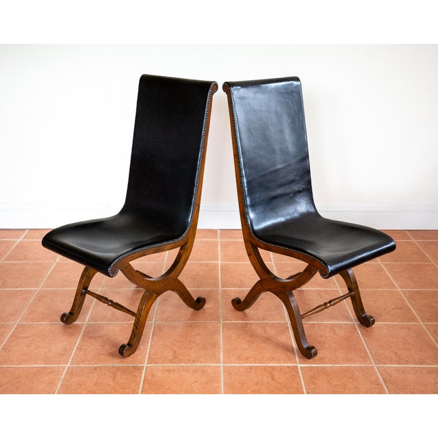 Mid-Century Spanish Oak and Black Leather Dining Chairs by Pierre Lottier for Valmazan, 1960s, Set of 6 For Sale - Image 16 of 18