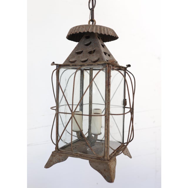 Pair of Newly Wired Antique French Tôle and Glass Lanterns For Sale - Image 9 of 10