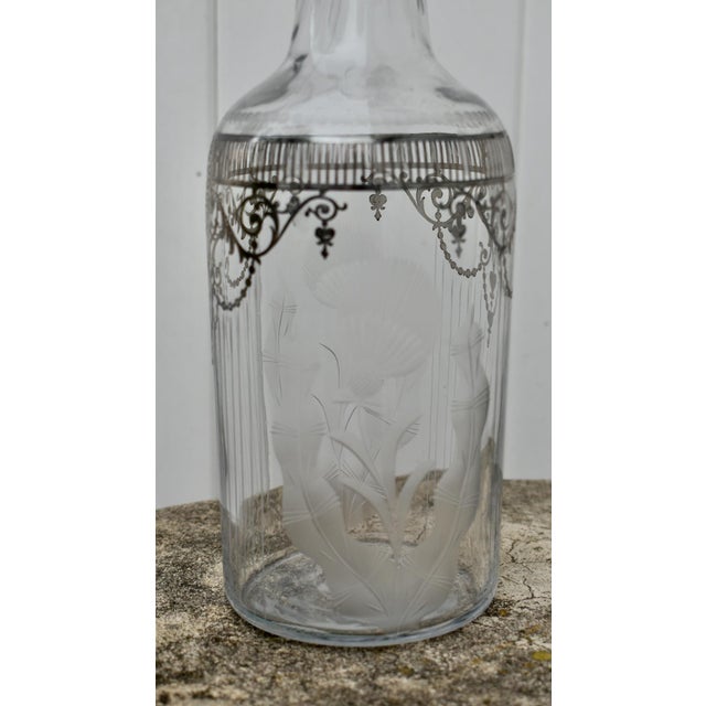 Art Nouveau Vintage Art Nouveau Cut Etched Glass Bottle W/Stopper in Sterling Silver Overlay For Sale - Image 3 of 10