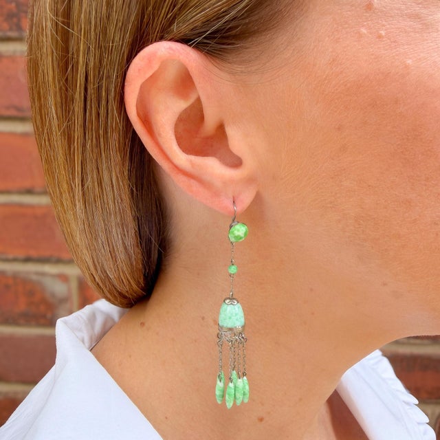 Art Deco Green Glass Beaded Tassel Earrings, 1920s, Set of 2 For Sale - Image 3 of 8