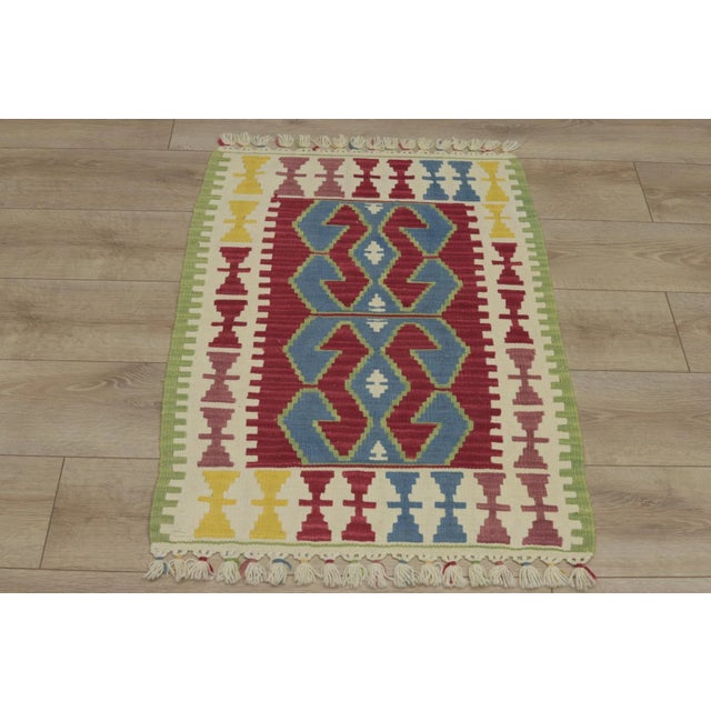 Tribal 1960s Turkish Geometric Red and Blue Hand Knotted Kilim Rug For Sale - Image 3 of 13