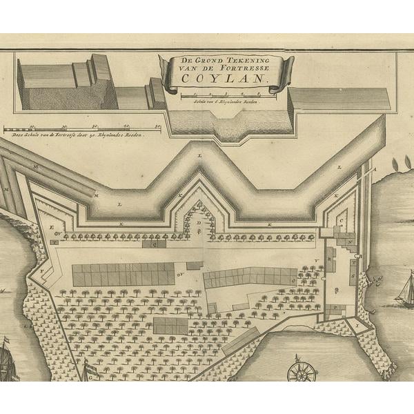 Map of the Fort at Kollam, India by Valentijn, 1726 For Sale - Image 3 of 7