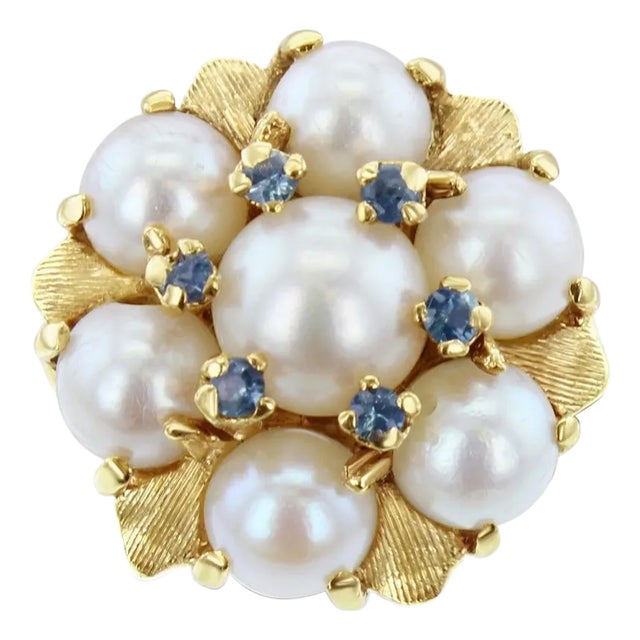 Vintage Freshwater Pearl Cluster Ring with Blue Topaz Accents, Size 9 For Sale