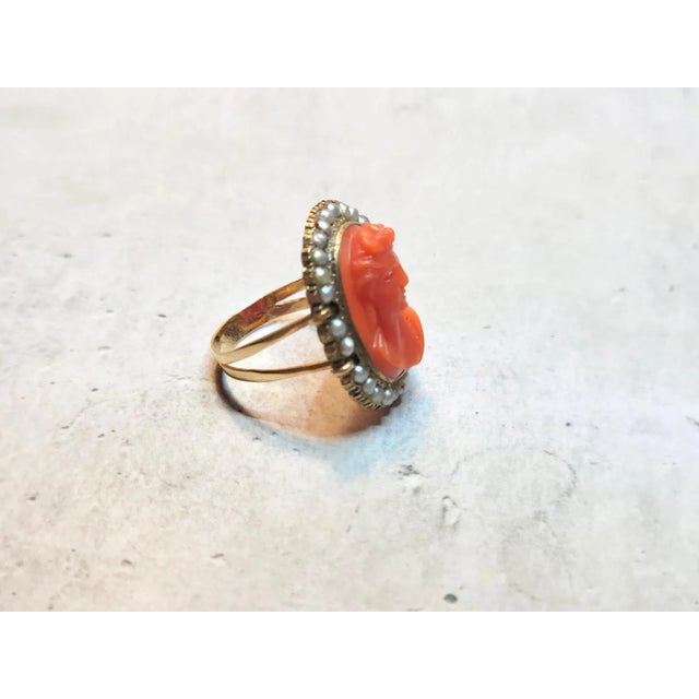 Victorian Antique Victorian Coral Cameo Pearl Gold Ring Size 6 For Sale - Image 3 of 9