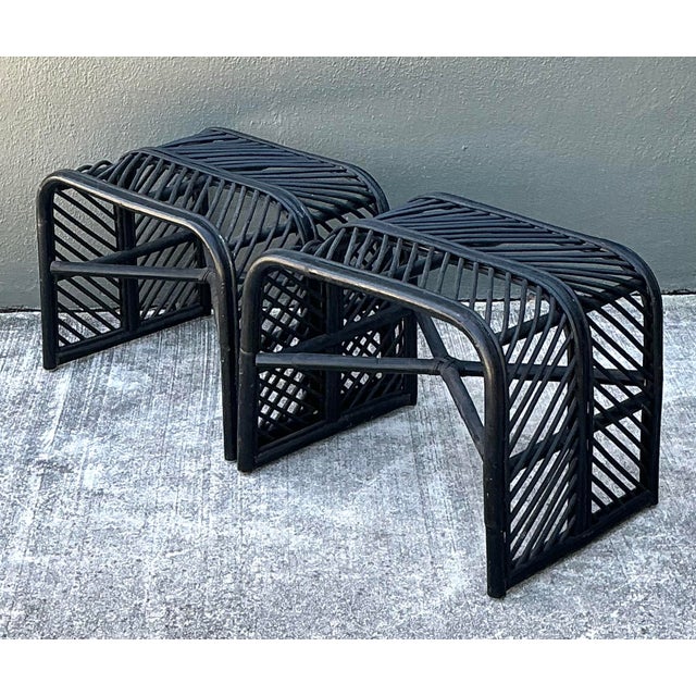 Vintage Stick Rattan Waterfall Low Stools - A Pair For Sale In West Palm - Image 6 of 12