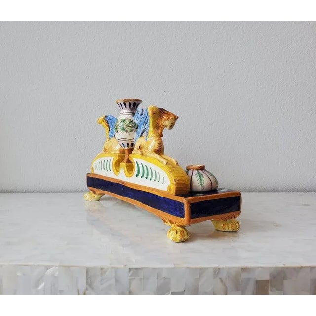 Yellow Antique Italian Renaissance Majolica Double Inkwell For Sale - Image 8 of 11