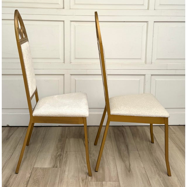 Metal Pair of Hollywood Regency Gothic Revival Gold Dining or Accent Chairs in Ivory Bouclé For Sale - Image 7 of 9