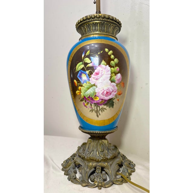 French Large Antique Ornate Sevres Painted Porcelain Bronze Electric Table Lamp Vase For Sale - Image 3 of 16