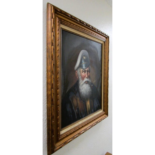 Wood 1970s M. King Oil Painting Portrait of a Sea Captain Smoking a Pipe Signed and Framed For Sale - Image 7 of 9