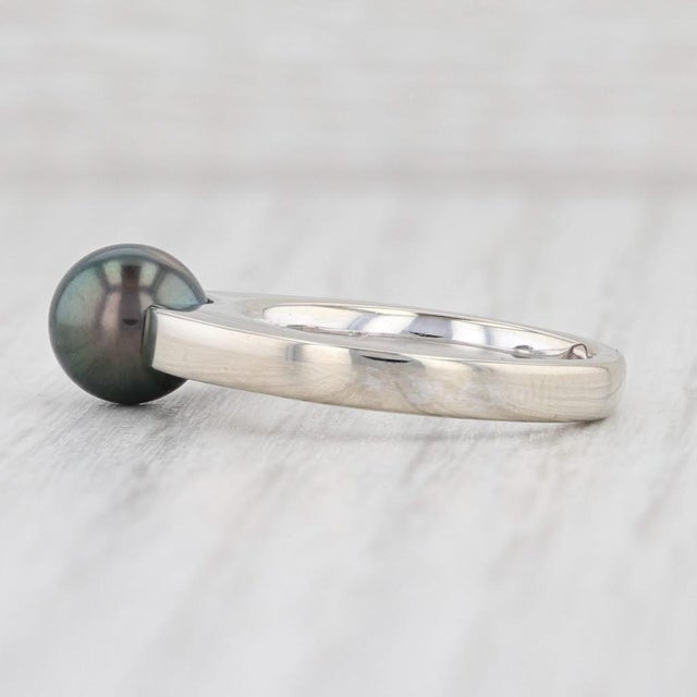 Contemporary Movado Cultured Black Pearl Diamond Ring 18k White Gold Size 5.75 Solitaire For Sale - Image 3 of 8