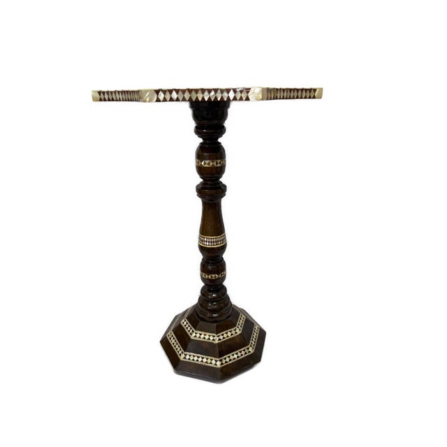 Mediterranean Handmade End Table Carving Wooden Table Home Decor Mother of Pearl Inlay For Sale - Image 3 of 9