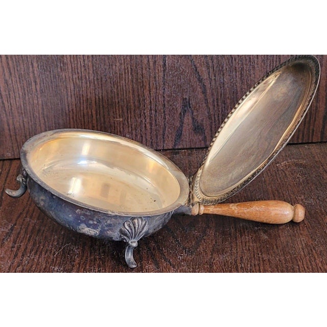 Late 19th Century Late 1800s Silverplate Chafing Dish, Ornate Tripod Legs, Mask Motifs, Brass Interior, Wooden Handle For Sale - Image 5 of 5