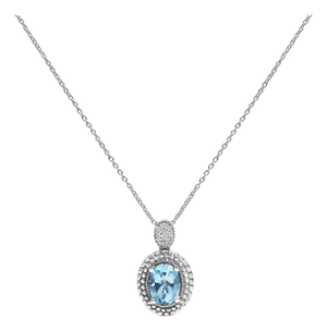 .925 Sterling Silver Oval Blue Topaz and Diamond Accent with Beaded Halo Pendant Necklace - 18" Inches