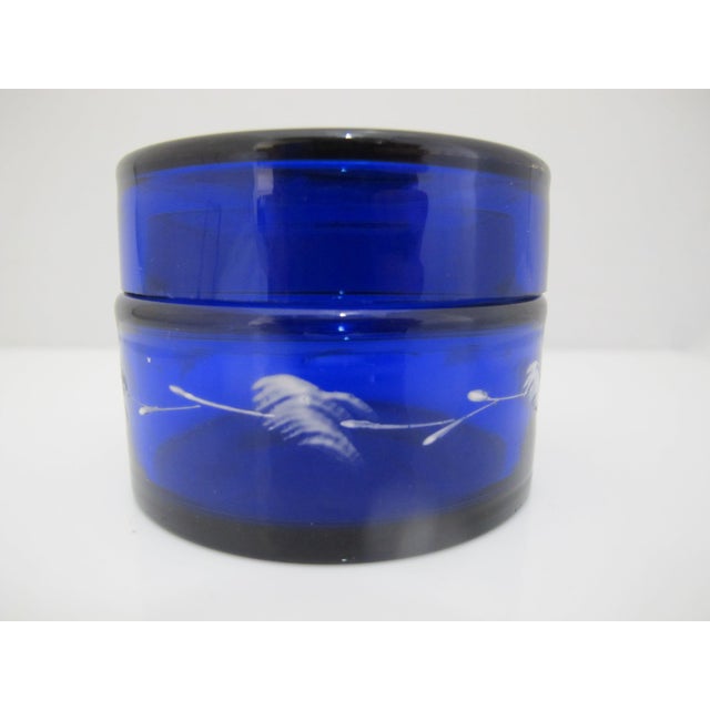 Blue Mary Gregory Cobalt Blue Glass Enamel Painted Girl With Flower Round Trinket Box For Sale - Image 8 of 14