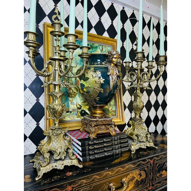 Pair of Grand Scale Brass Rococo Revival Six-Light Candelabra, 28"h For Sale - Image 4 of 15