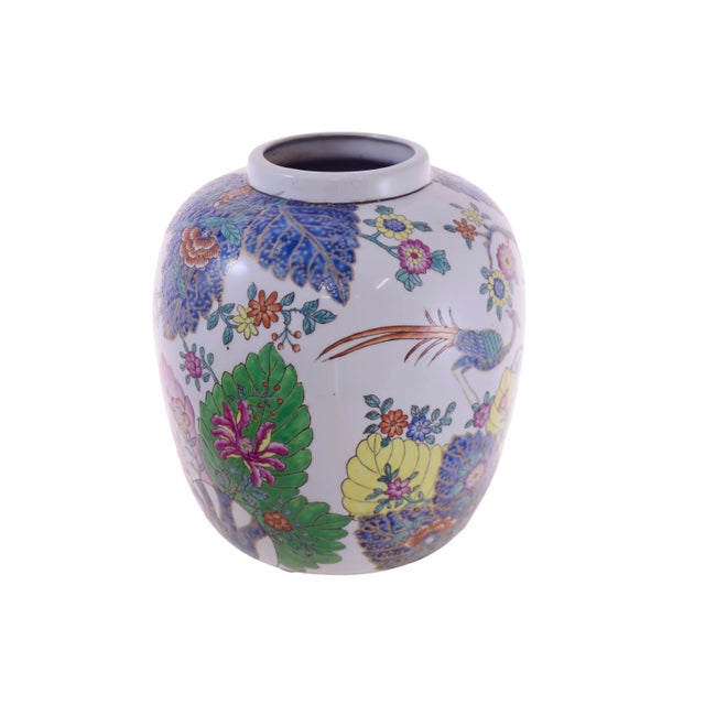 Vibrant nine inch hand decorated "Tobacco Leaf" chinoiserie urn in imperial yellow, raspberry, indigo, green, and aqua...