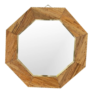 Rattan and Brass Octogonal Wall Mirror by Vivai Del Sud. Italy, 1970s
