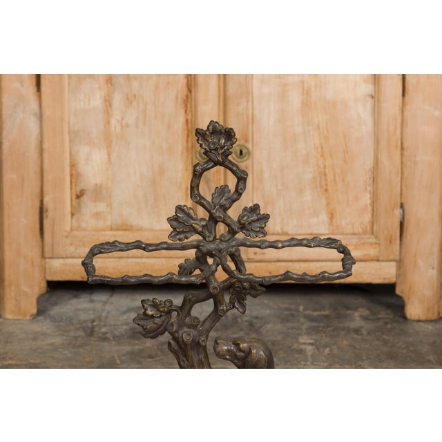 Brown English Iron Umbrella Stand with Dog and Tree Motif and White Receptacle For Sale - Image 8 of 12