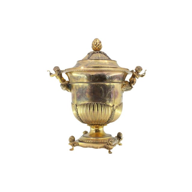 Gilded Silver Urn with Fluted Lid, Engraved Vetelatistic Motifs, Angels and Pearl Frieze For Sale - Image 9 of 9