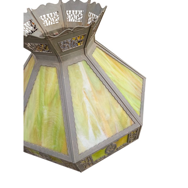Glass Antique Lamp Shade Green Slag Glass Hanging Light Chandelier Sarama For Sale - Image 7 of 18