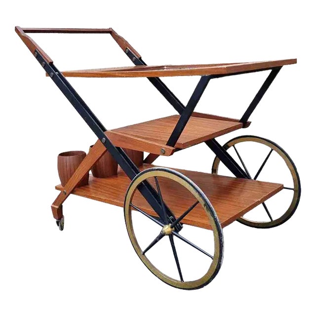Mid-Century Serving Trolley in Teak and Brass, Italy, 1950s For Sale