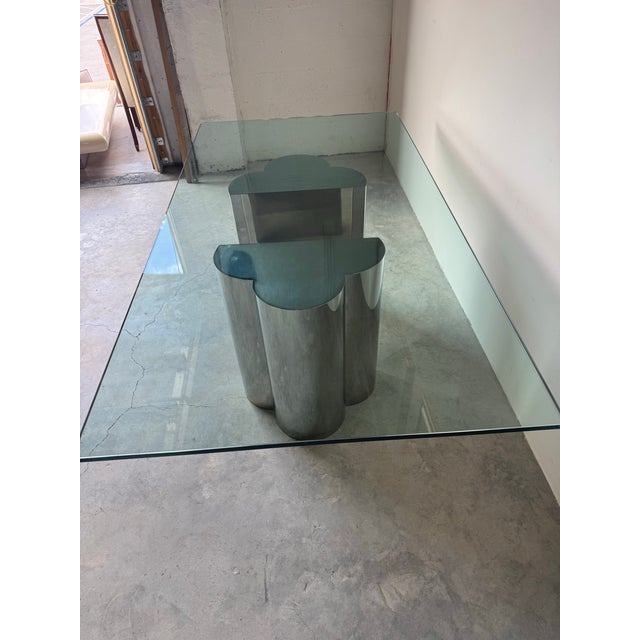 1970’s Curtis Jere–Style Trefoil / Clover Pedestal Base Dining Table With Glass Top For Sale - Image 10 of 12
