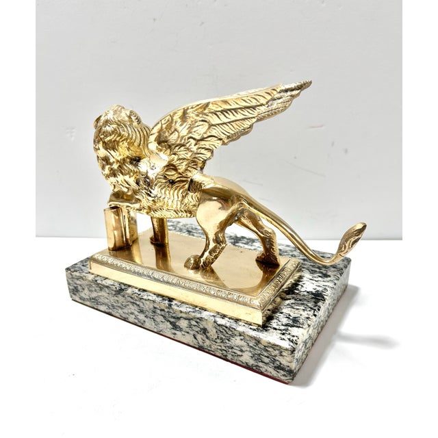 Late 20th Century Vintage Brass Winged Lion Sculpture on Marble Base For Sale - Image 5 of 12
