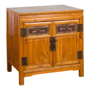 Antique Chinese Elmwood Carved Panel & Hidden Drawer Side Cabinet