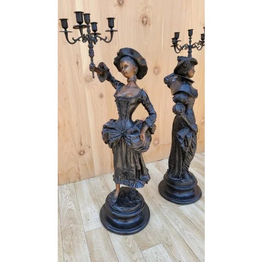 Early 20th Century Antique Neoclassical French Spelter Bronze Candelabra Statues - Set of 2 For Sale - Image 5 of 9