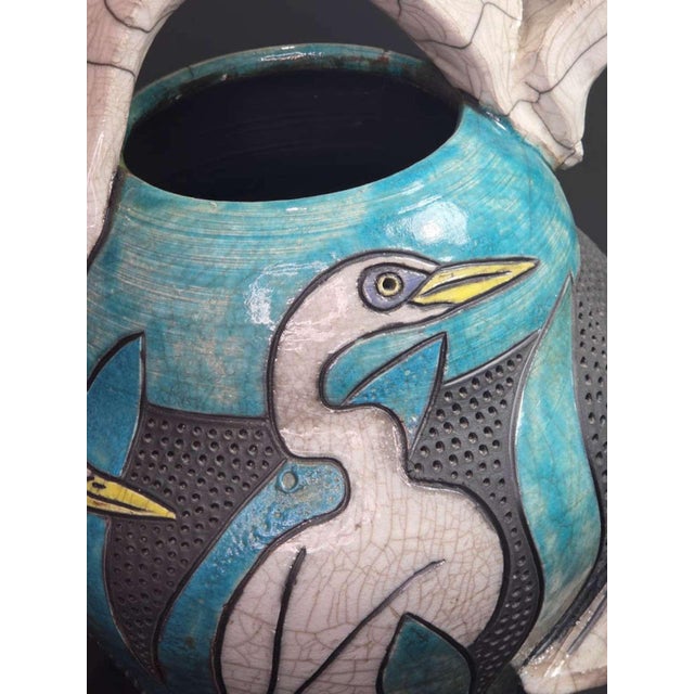 Vintage Designer Raku Pottery Vase With Birds For Sale In Philadelphia - Image 6 of 11