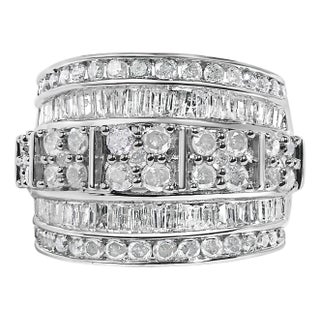 .925 Sterling Silver 2.0 Cttw Round & Baguette Cut Diamond Multi-Row Channel Set Tapered Cocktail Fashion Ring (I-J Color, I3 Clarity) - Size 6 For Sale