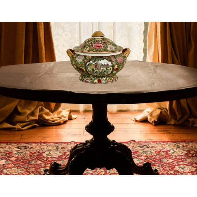 Metal Chinese Rose Medallion (Famille Rose) Porcelain Soup Tureen With Gilt Finish For Sale - Image 7 of 11