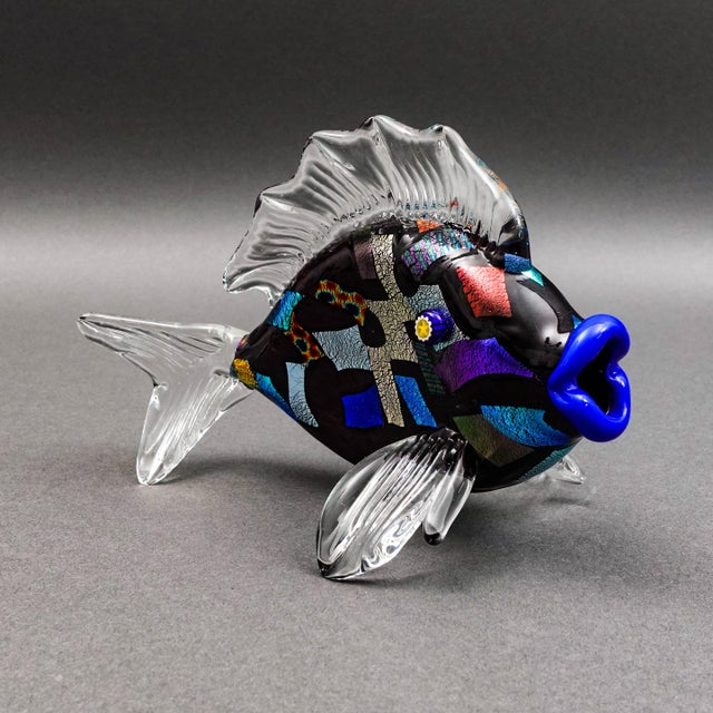 Bruce Fruend Signed Iridescent Dichroic Millefiori Eyes Hand Blown Art Glass Fish Sculpture. Measures approximately 6"...