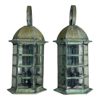 Pair of Large Architectural Brass Wall Lantern For Sale