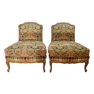Late 20th Century Louis XV Style Oversized Tapestry & Plaid Slipper Chairs by Wesley Hall - A Pair For Sale