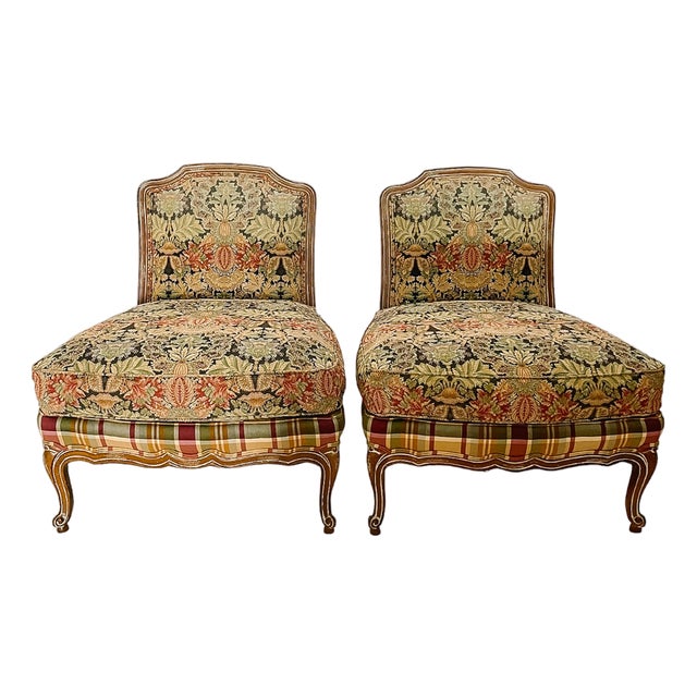 Late 20th Century Louis XV Style Oversized Tapestry & Plaid Slipper Chairs by Wesley Hall - A Pair For Sale