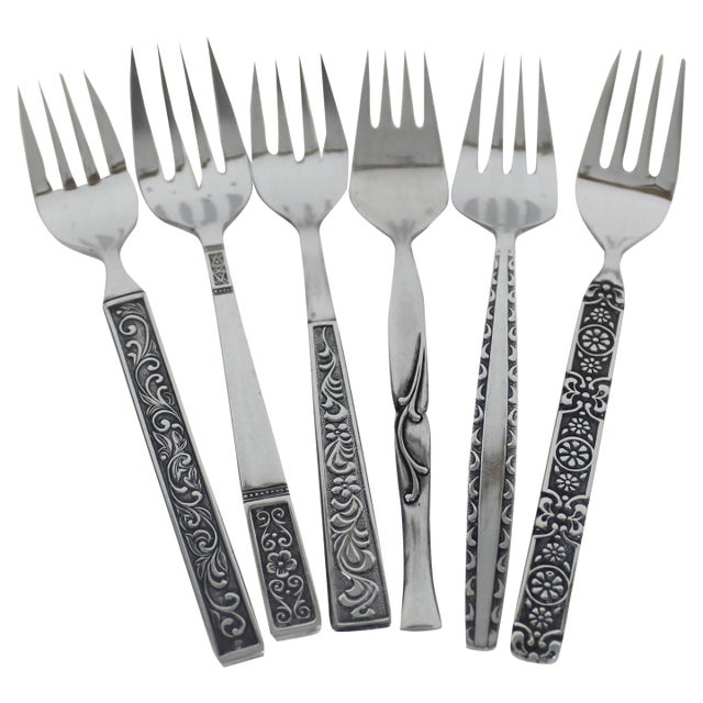 Curated Set of 6 Mid Century Modern Stainless Steel Salad or Dessert Forks For Sale