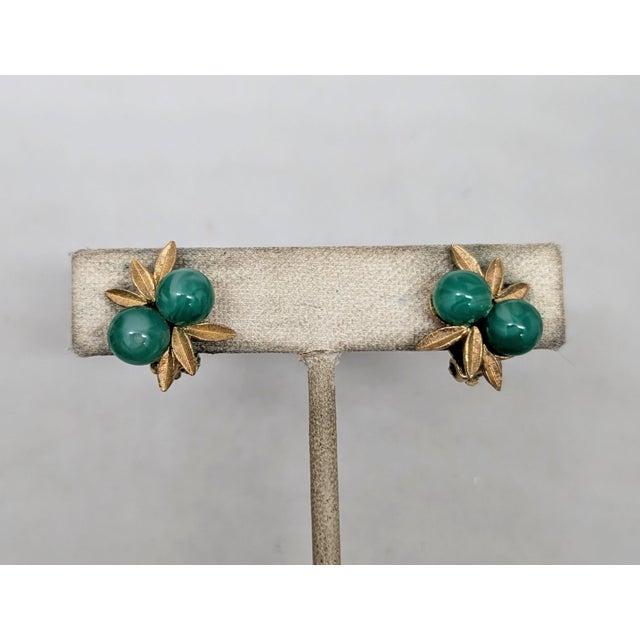 Mid-Century Modern Vintage 1960s Signed Panetta Goldtone Faux-Jade Clip Earrings-2 Pieces For Sale - Image 3 of 7