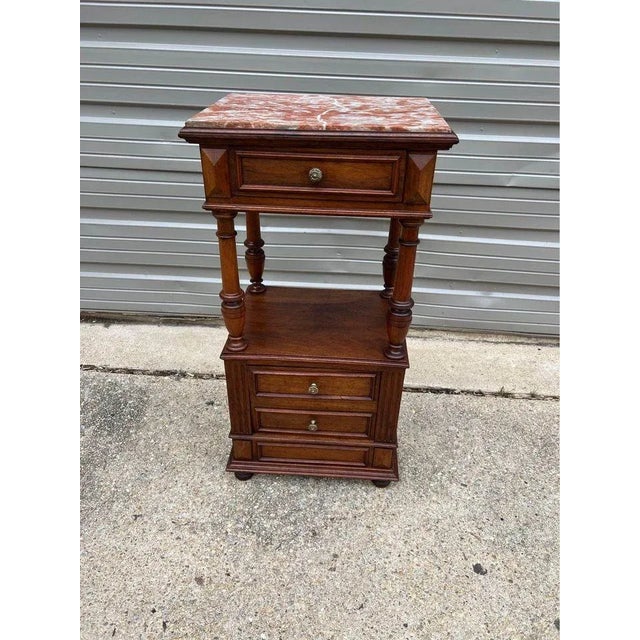 Antique French Louis XVI Style Solid Walnut Marble Top Side Table or Nightstand. Sturdy, carved , dovetail joint...