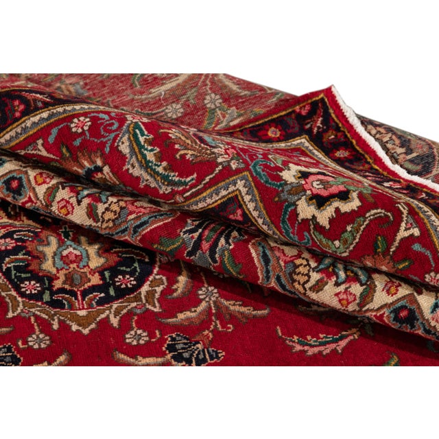 Vintage Persian Tabriz Handmade Wool Red Floral Rug For Sale - Image 4 of 10