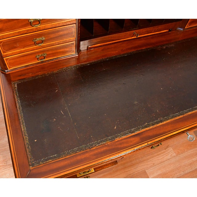 1900s Antique Federal Style Inlaid Mahogany Writing Desk With Leather Top & Gallery Birmingham Desk For Sale - Image 6 of 18