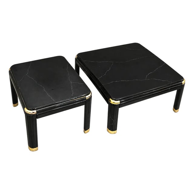 Vintage Postmodern Black Marble-Look Coffee and Side Tables With Brass Accents — Set of 2 For Sale