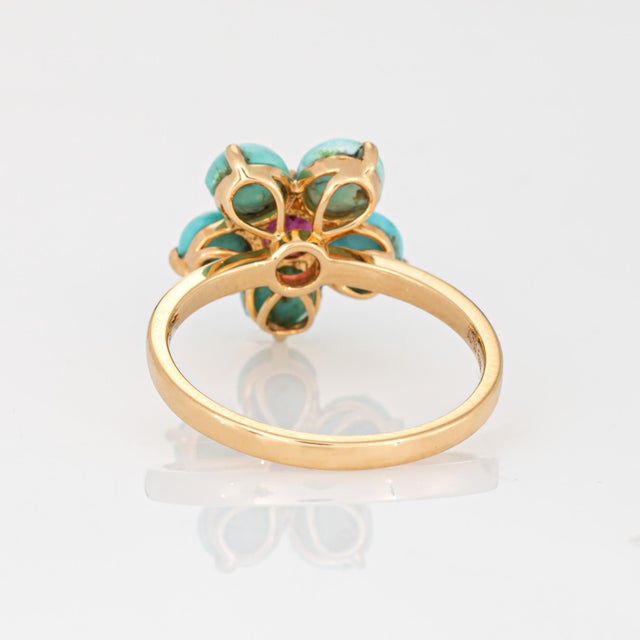 Early 21st Century Turquoise Pink Tourmaline Flower Ring Sz 6.5 18k Yellow Gold Fine Jewelry For Sale - Image 5 of 7