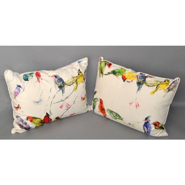 Mid-Century Modern Colorful Birds Textured Linen Fabric Down-Filled Pillows- Set of 2 For Sale - Image 12 of 12